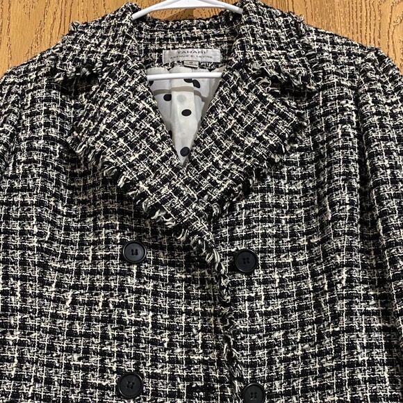 TAHARI ASL WOMENs BLACK & WHITE DOUBLE BREASTED FRAYED-TRIM TWEED BLAZER Sz-10 - Picture 2 of 6